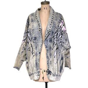 Vintage 90s one of a kind oversized denim jacket with hand painted  embellished